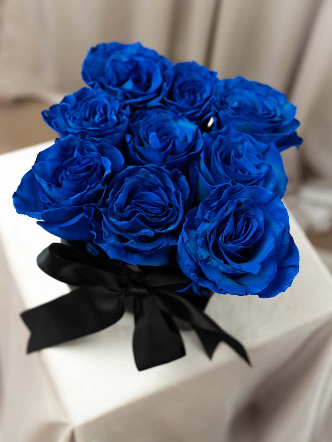 A bouquet of vivid royal blue roses tied with a black ribbon, presented on a pedestal against a soft beige draped background.