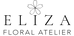 Black text reading 'ELIZA FLORAL ATELIER' with a simple flower line drawing above the "I" on a white background.