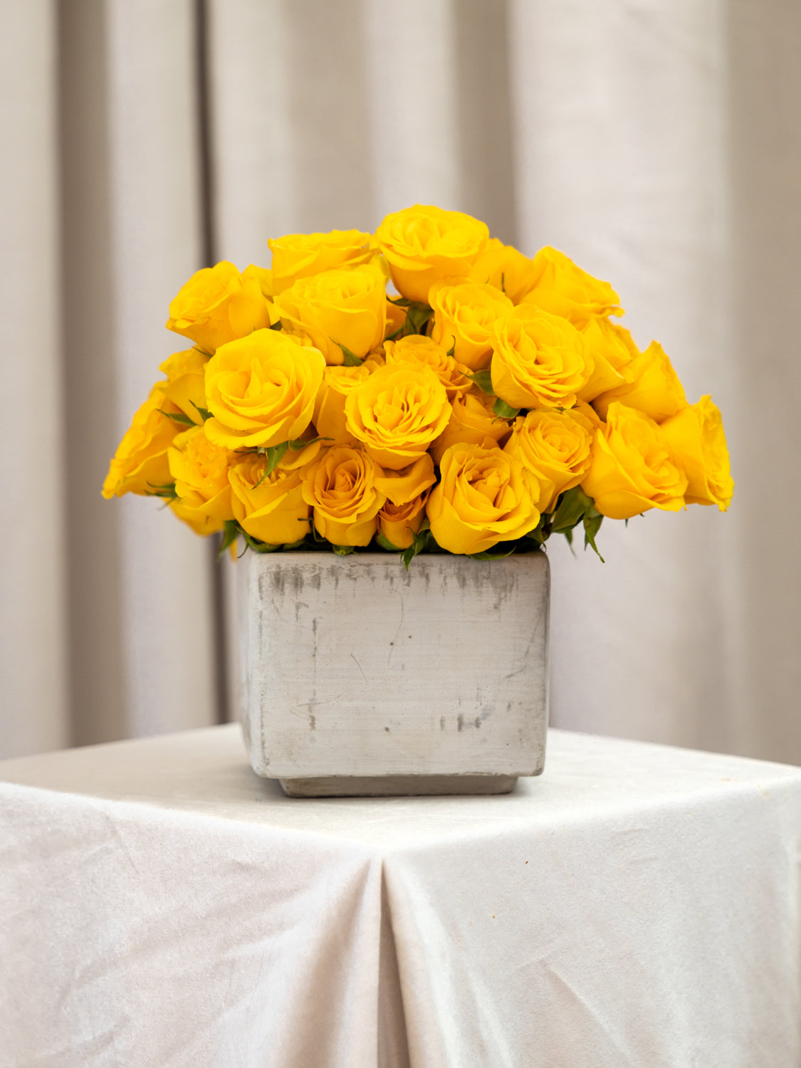 A vibrant yellow rose arrangement in a square vase, set on a draped beige tablecloth with a soft beige curtain background.