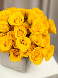 A dense bouquet of bright yellow roses arranged in a square gray vase on a white surface with a soft neutral background.